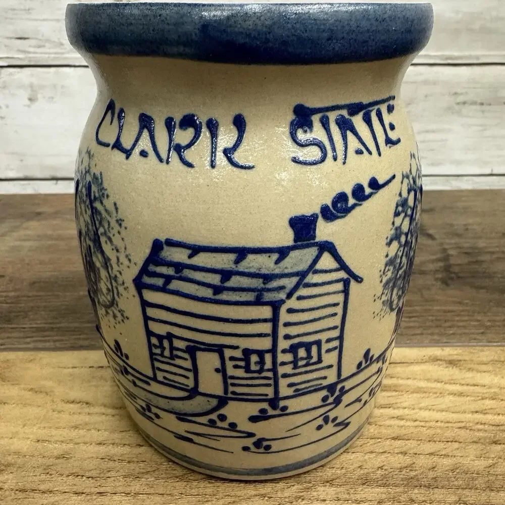 BBP Beaumont Brothers Pottery Clark State Salt-Glazed Crock -House, Trees 5.5”